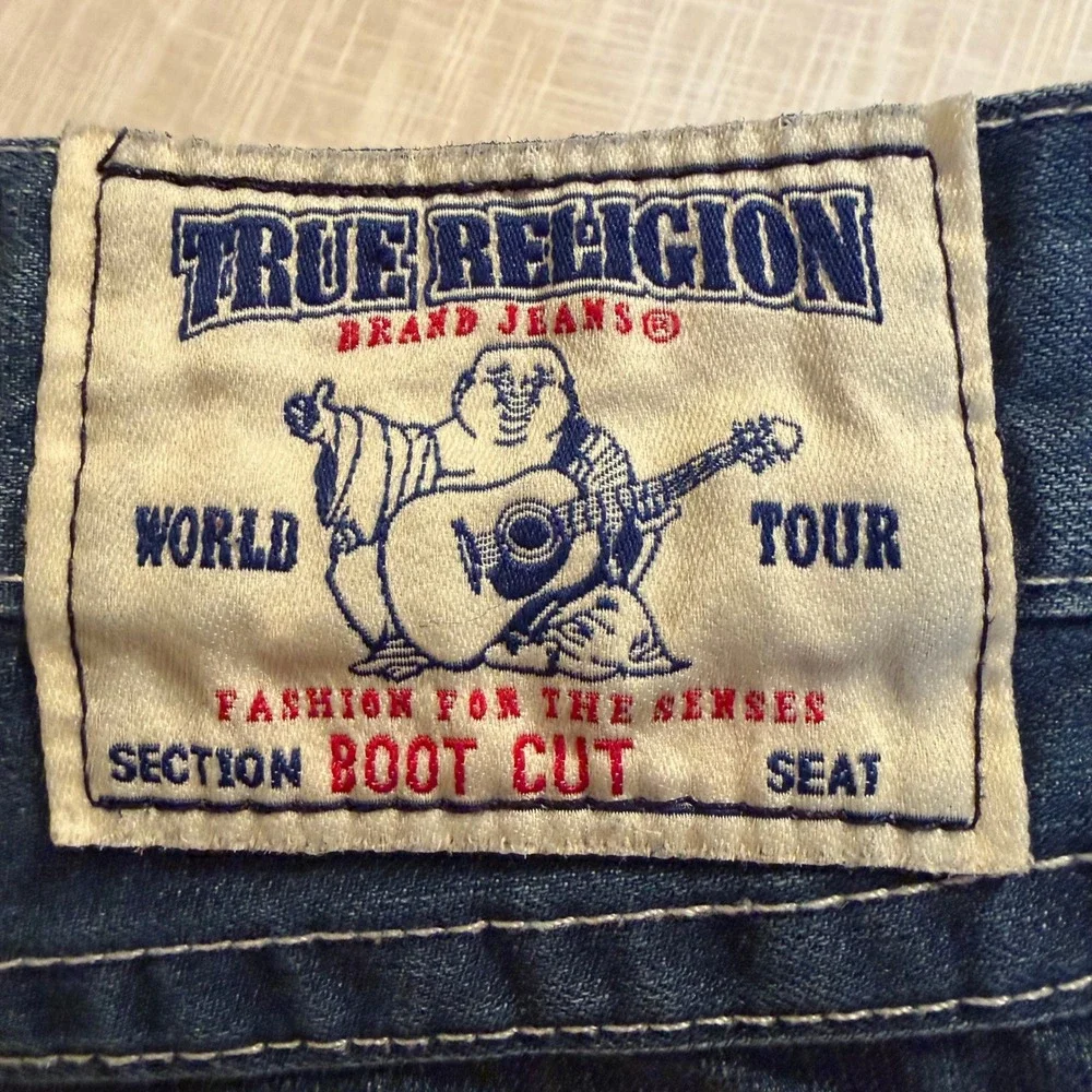 True Religion Mens Section Boot Cut Jeans 38 Blue Thick Stitch Made in USA